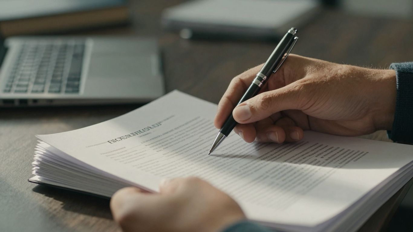 Hands holding mortgage refinance documents and pen.