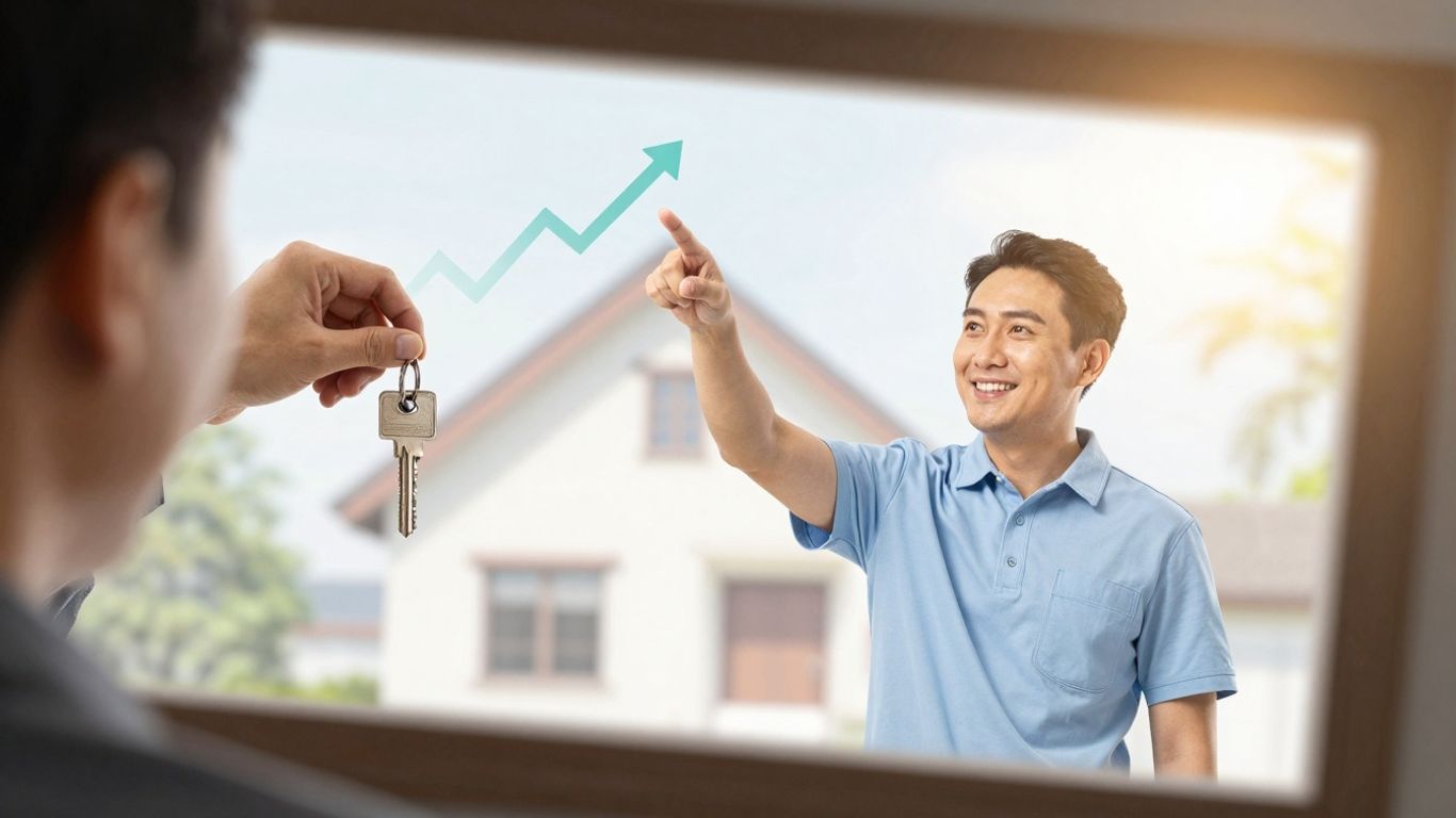 Happy homeowner with house key, mortgage refinance rates.
