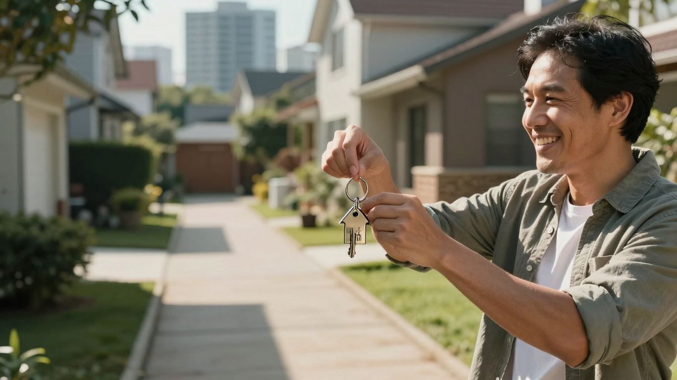 Homeowner with key, looking towards a bright future.