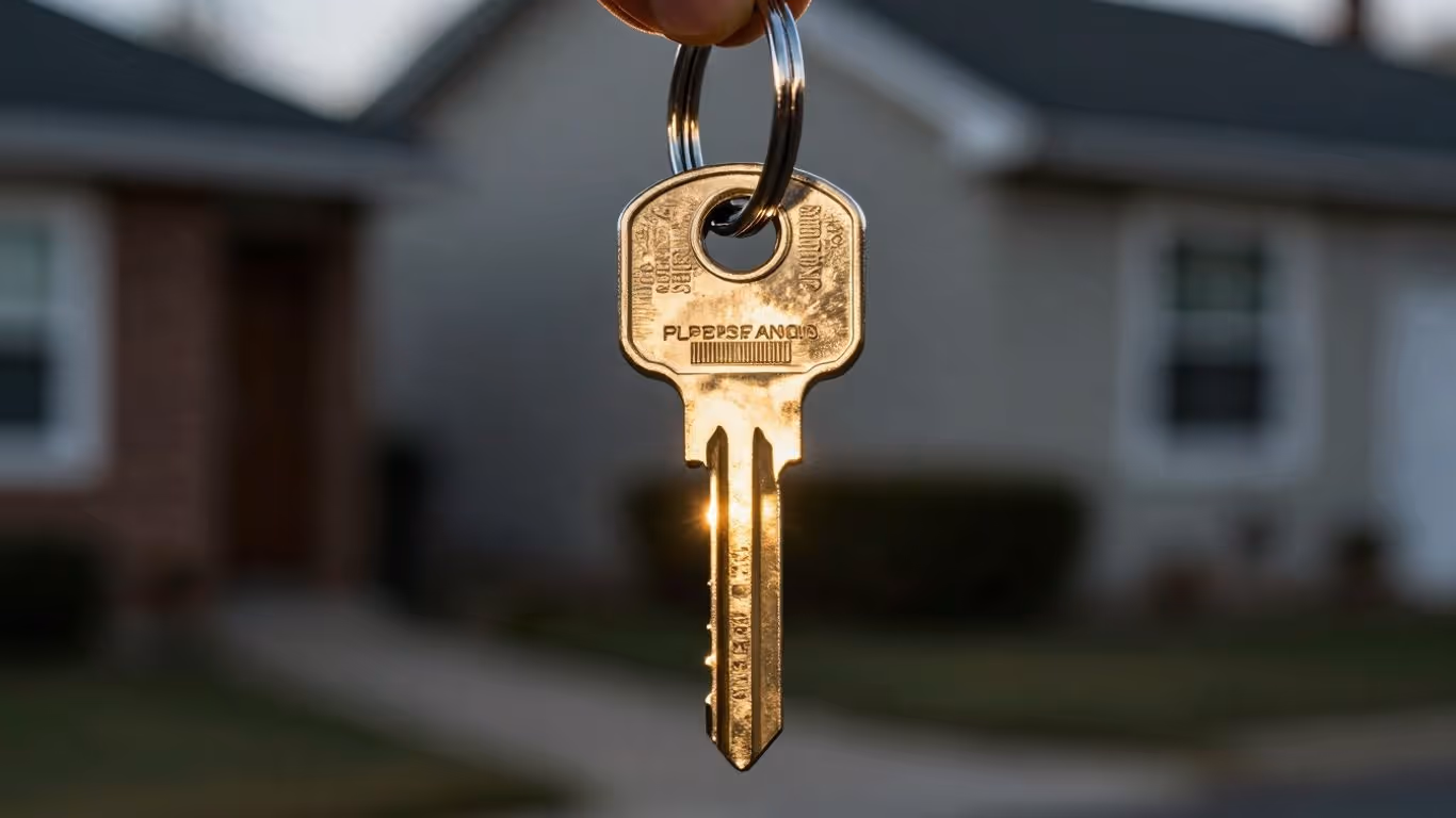 House key with golden glow, residential street background.