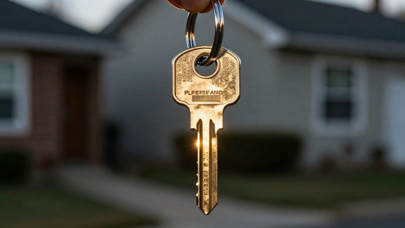 House key with golden glow, residential street background.