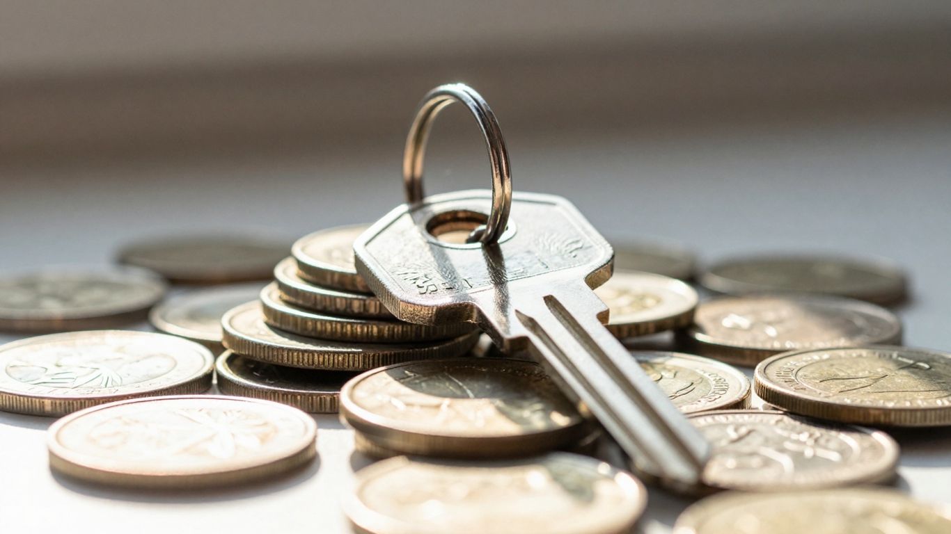 House key on coins, symbolizing financial savings.