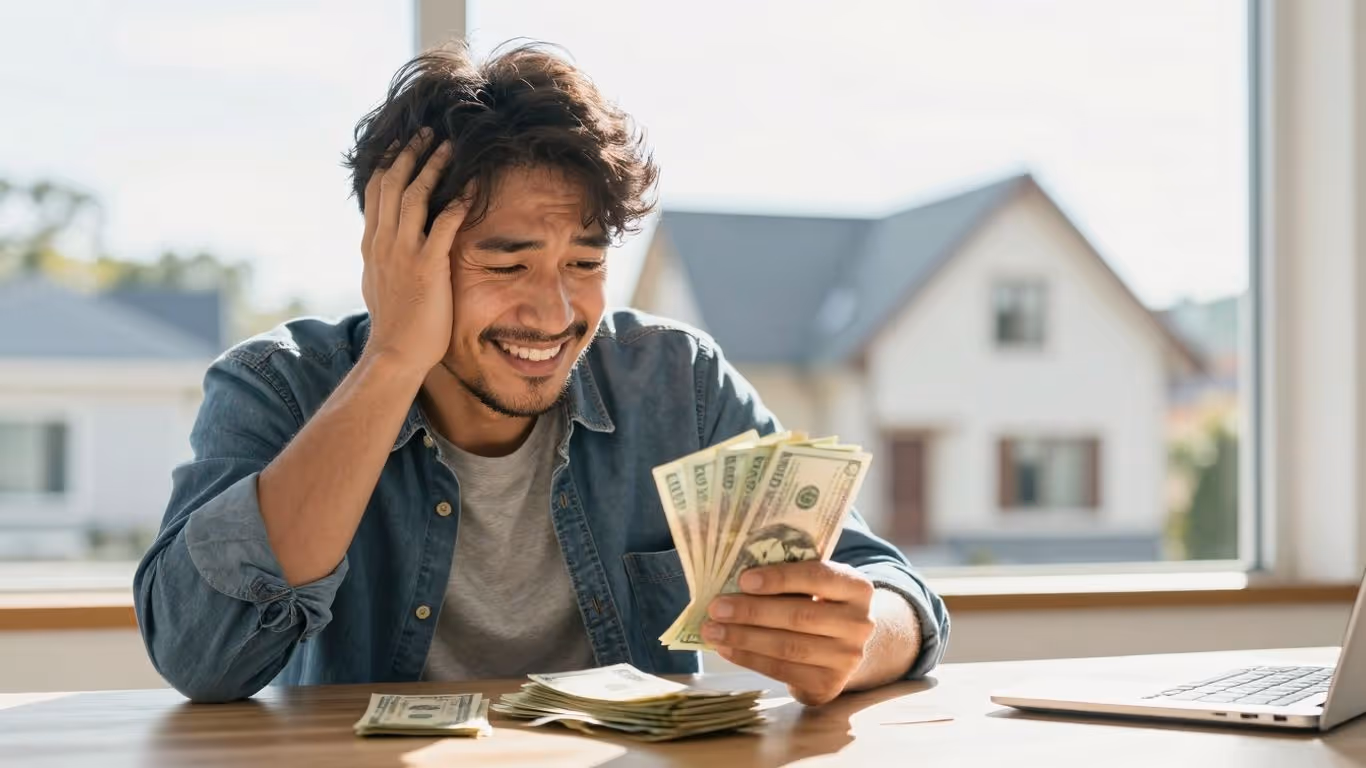 Homeowner with money and house, happy about mortgage refinance.