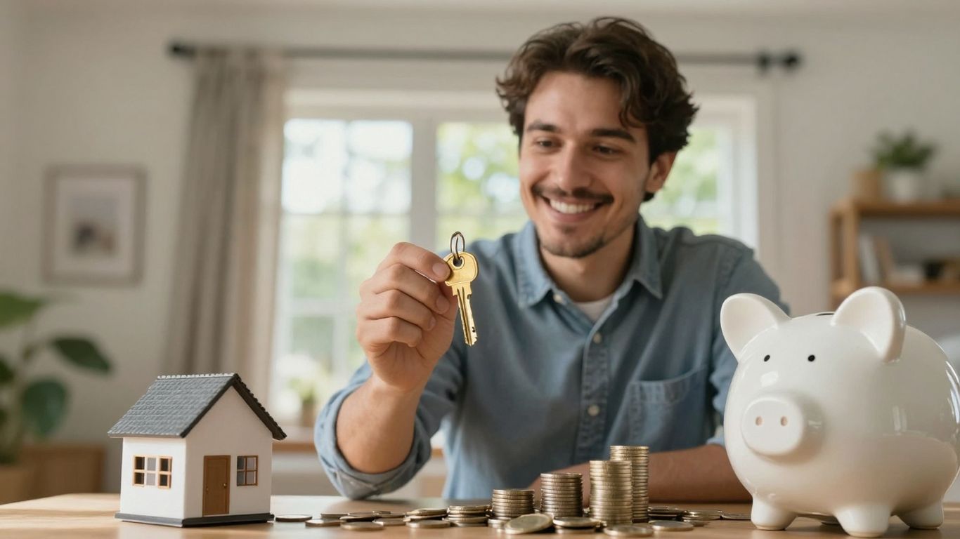 Homeowner with house and money symbols.
