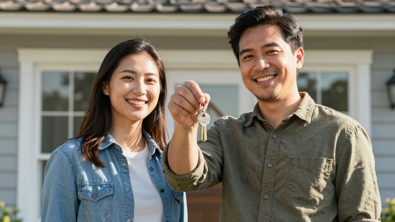 Couple holding keys in front of their home.
