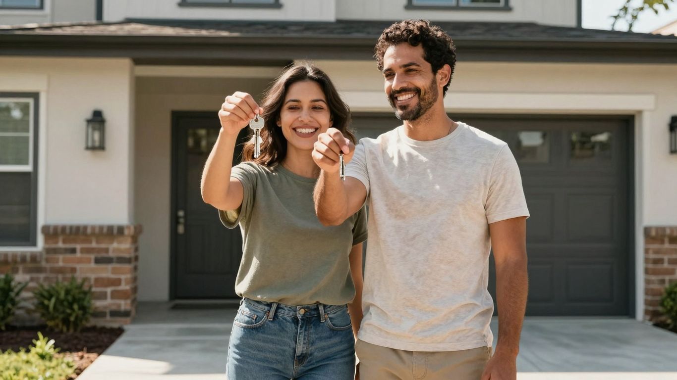 Couple holding keys in front of a home.