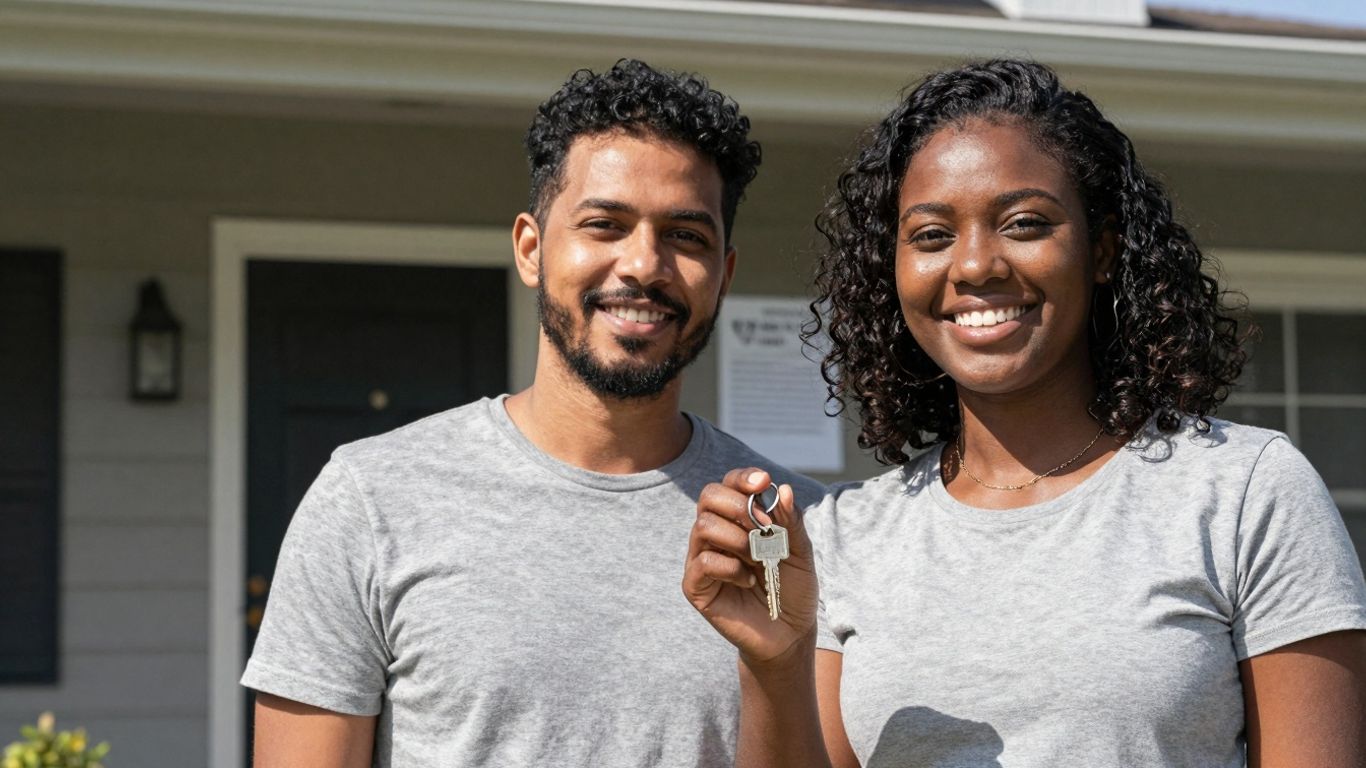 Couple with keys in front of home