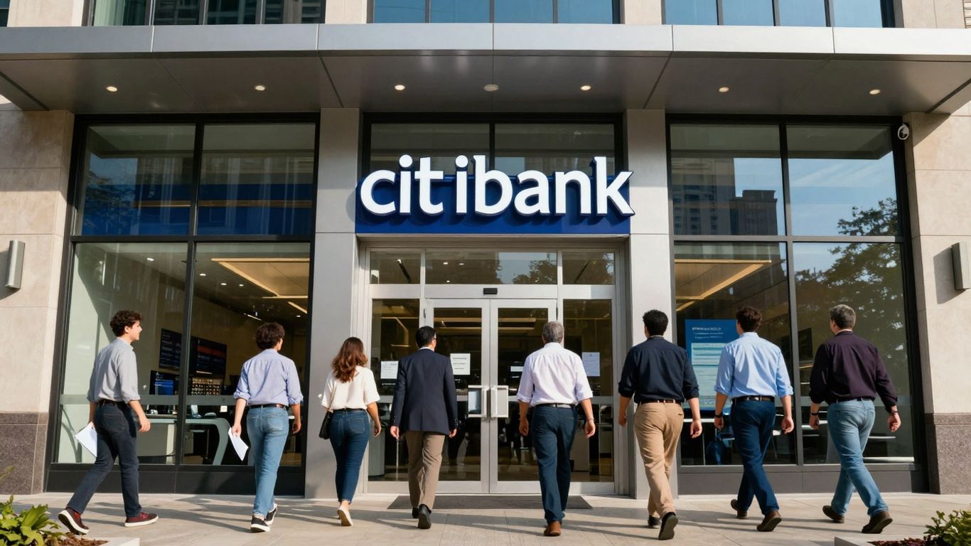 Citibank branch exterior with people entering.