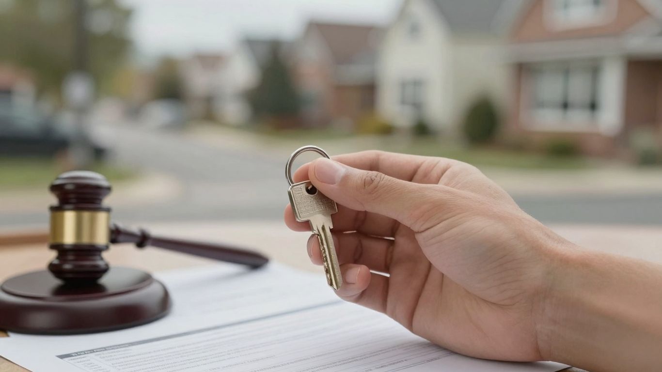 Person holding house key with financial documents overlay.