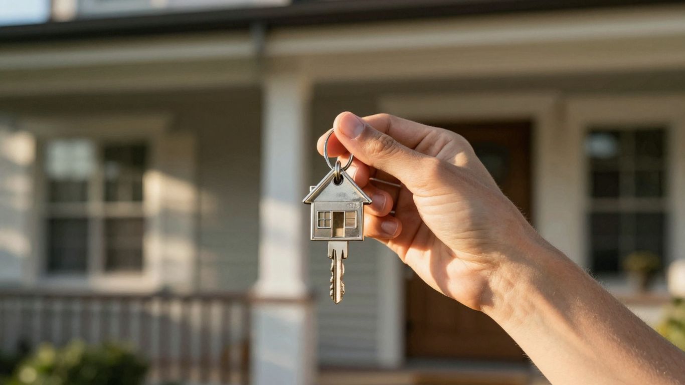 Person holding house key, symbolizing homeownership and savings.