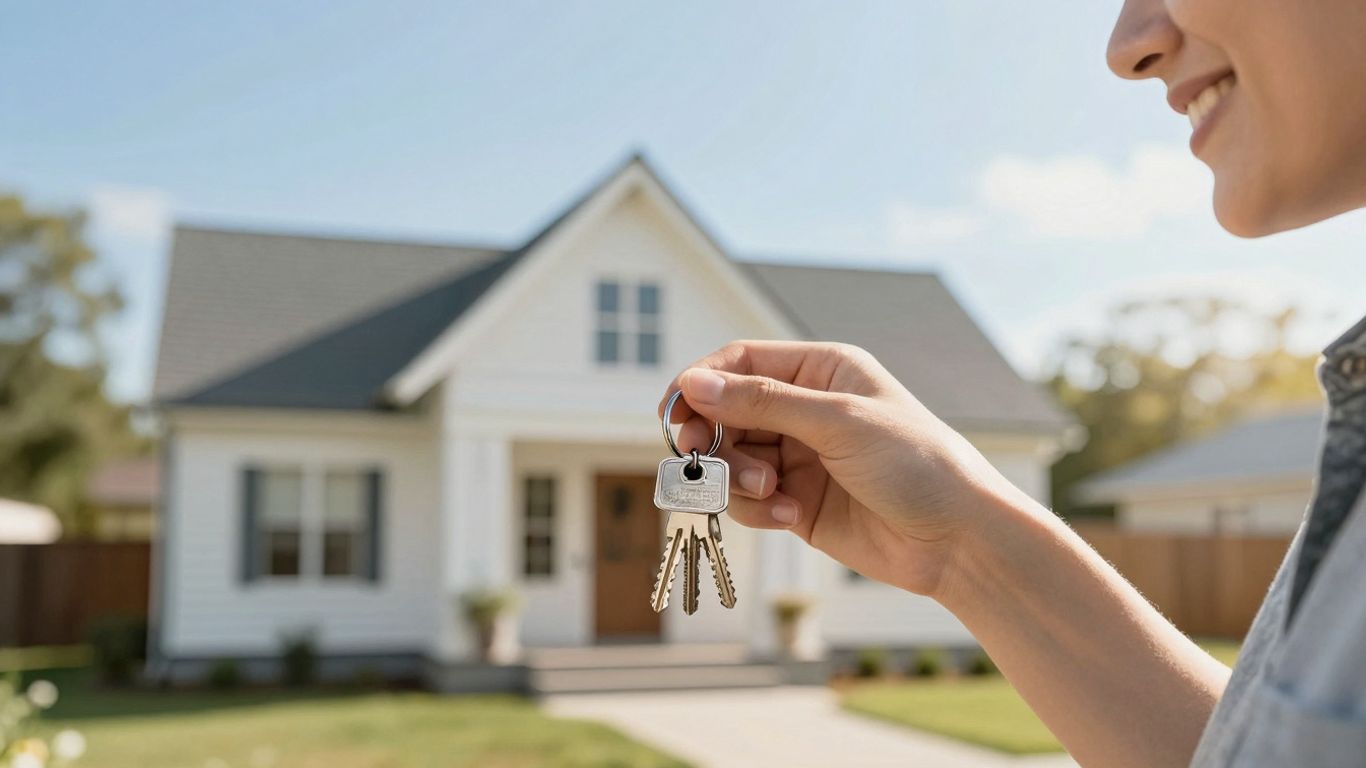 Person holding house keys, looking at a bright doorway.