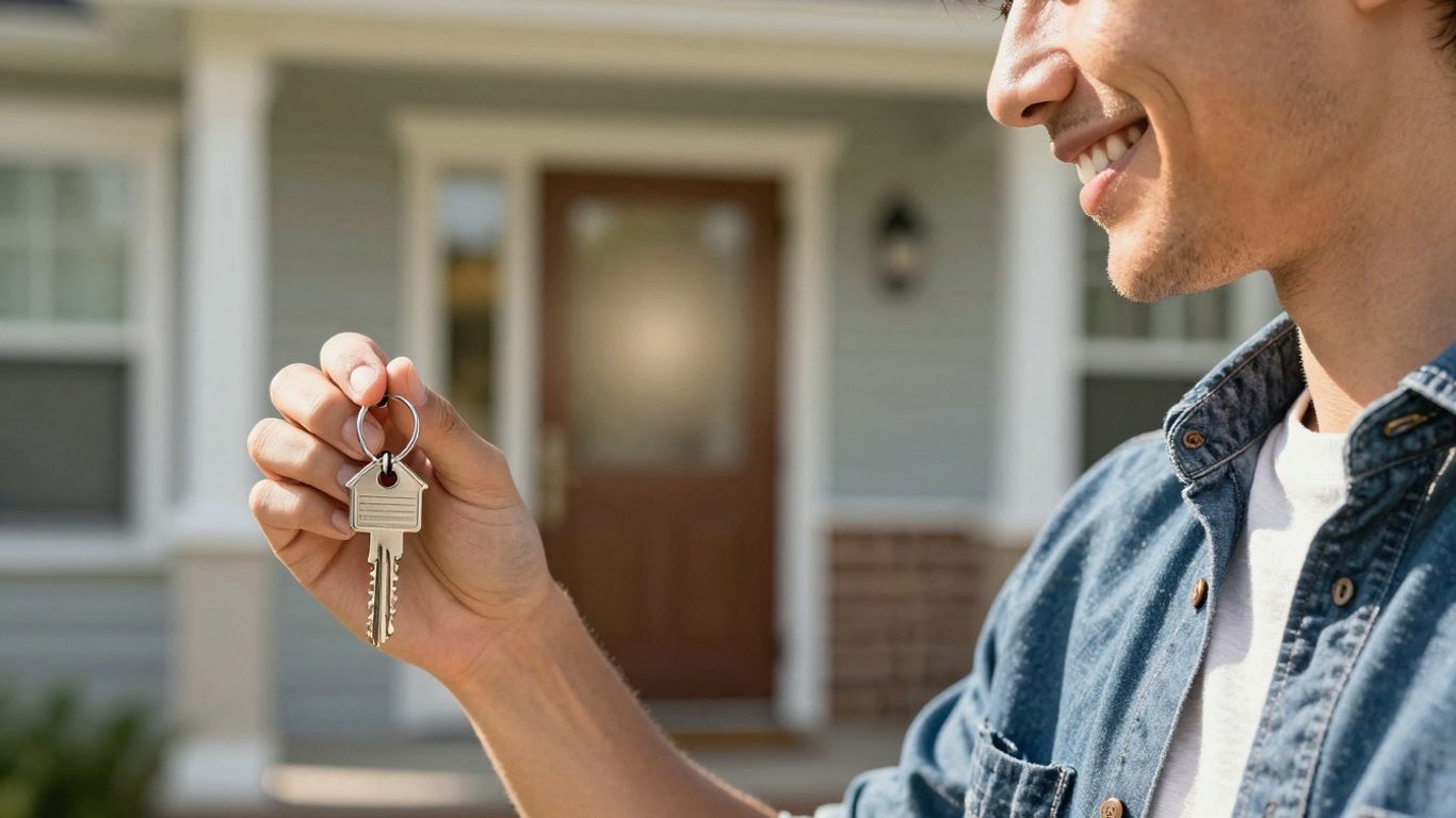 Person holding house key, looking at bright doorway.
