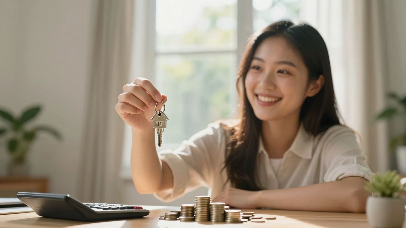 Homeowner with key, path to savings, coins, calculator.
