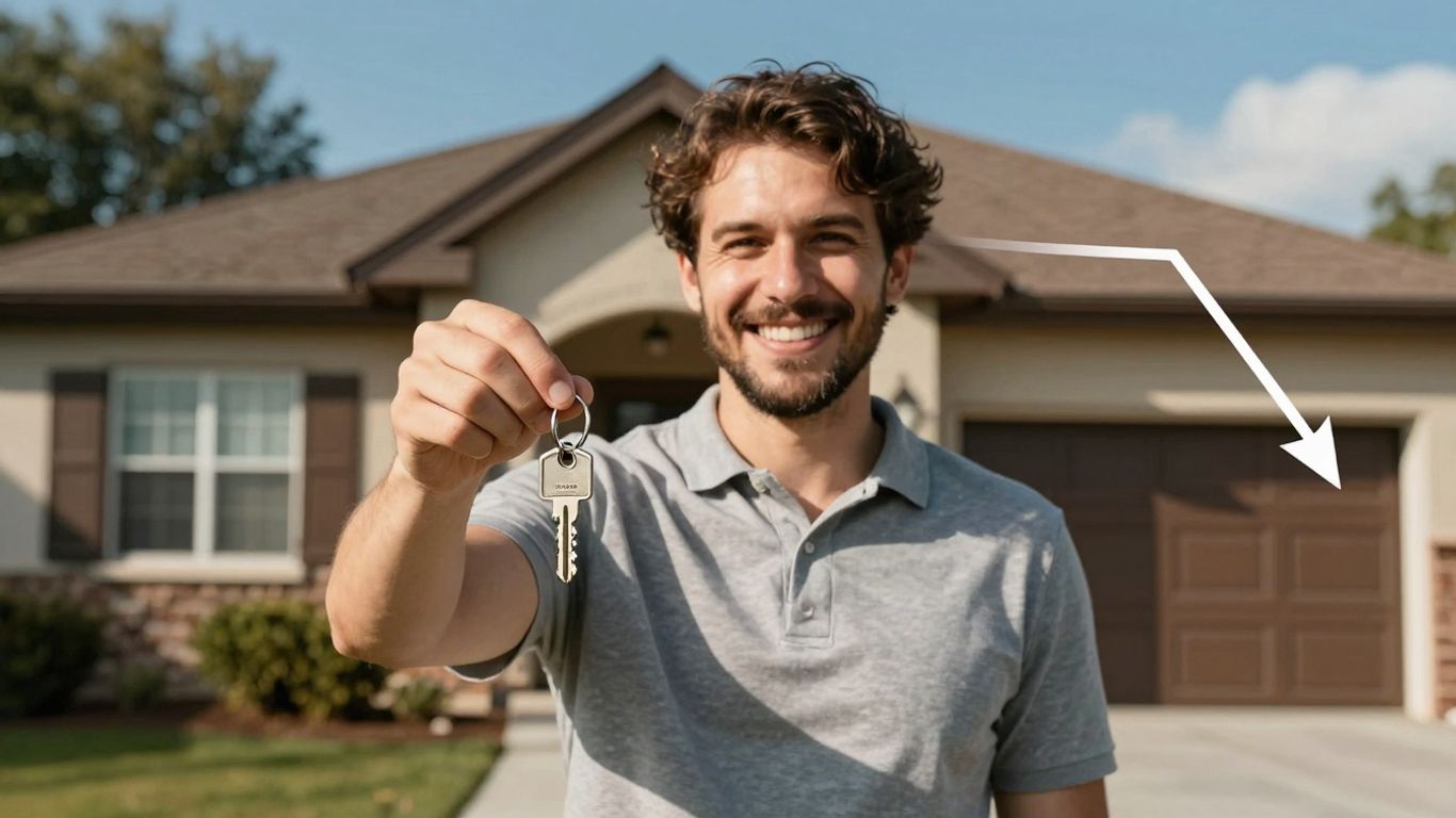 Homeowner with key, house, and downward rate trend graphic.