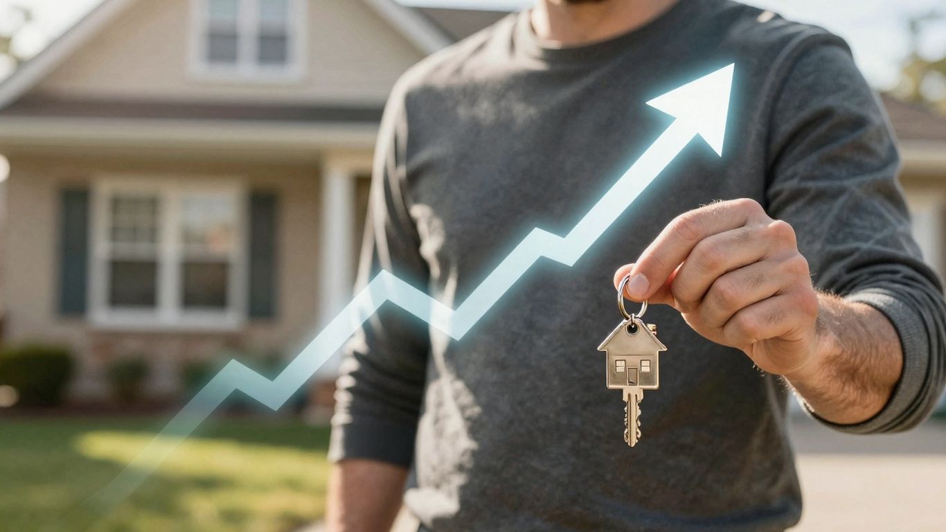 Homeowner with key, house, and upward financial arrow.