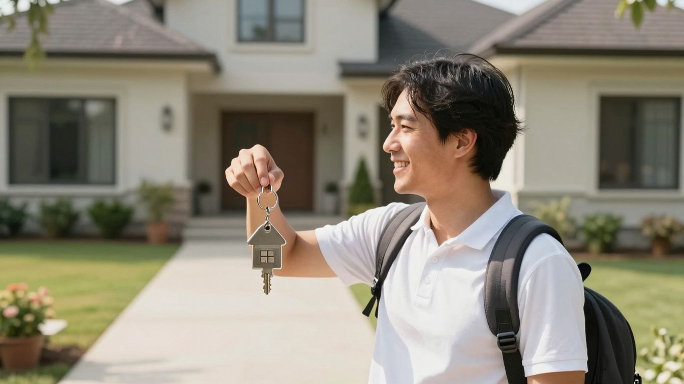 Homeowner with key, looking towards a bright future.