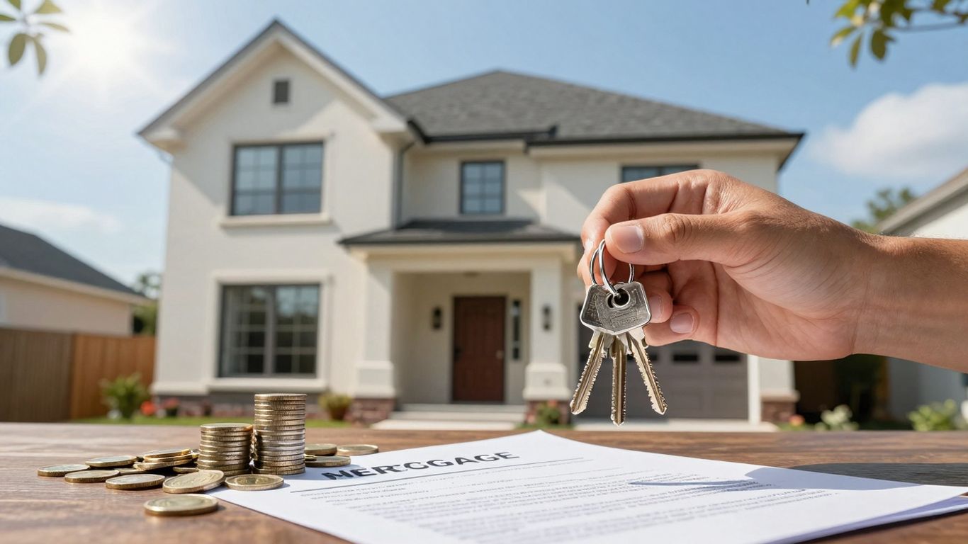 Homeowner with keys and mortgage documents, symbolizing savings.