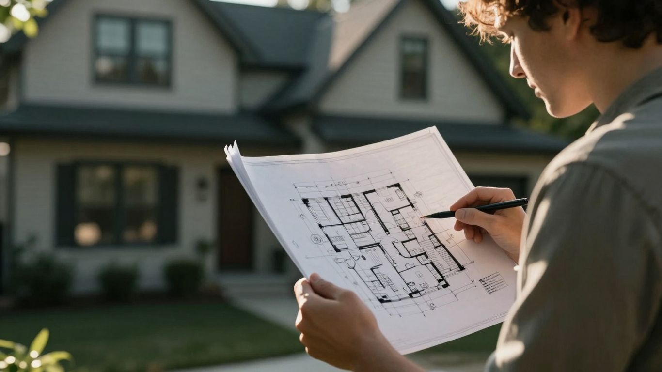 Homeowner reviewing house plans for mortgage refinance.