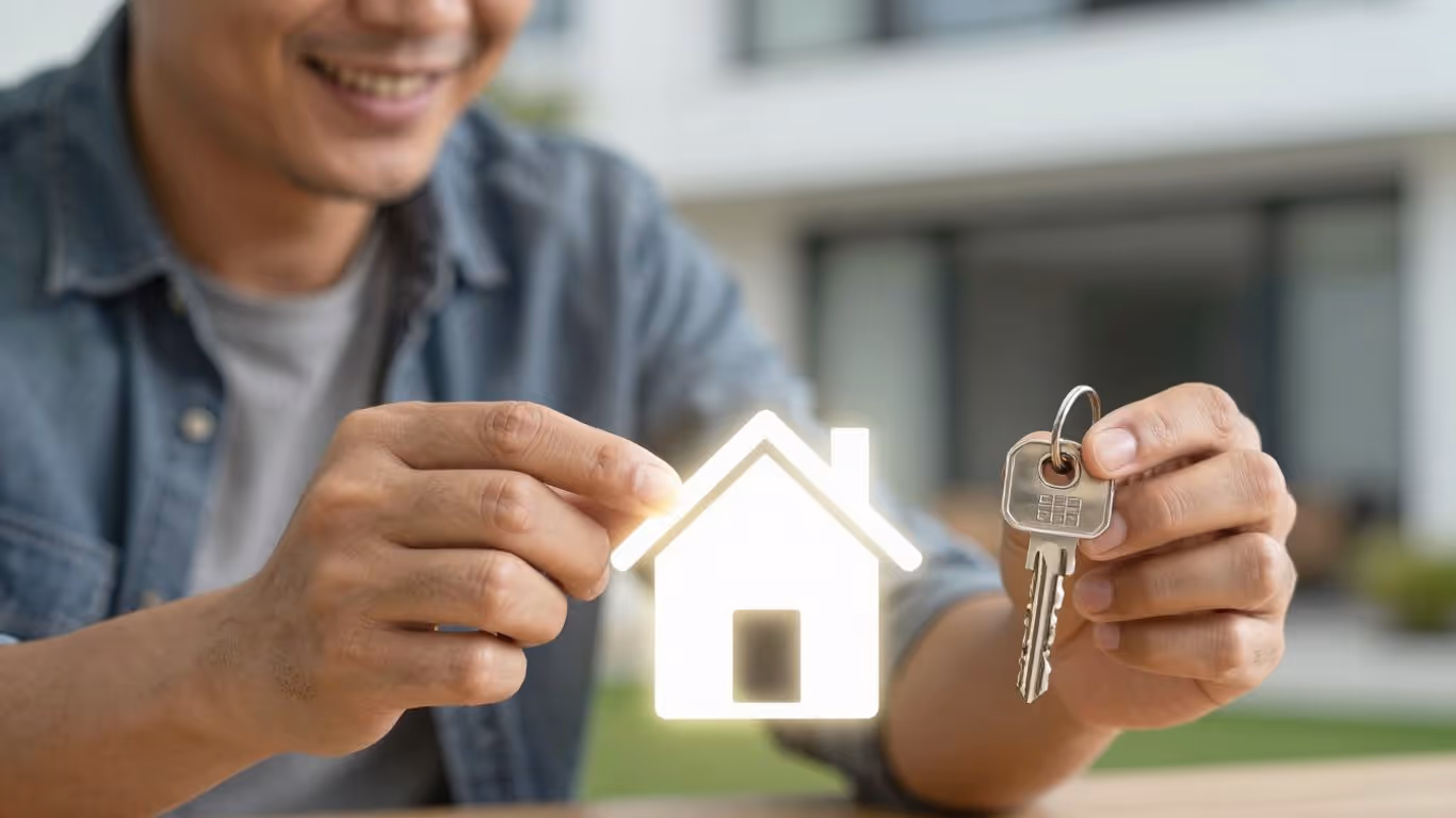 Homeowner with key, refinance icon, modern home.