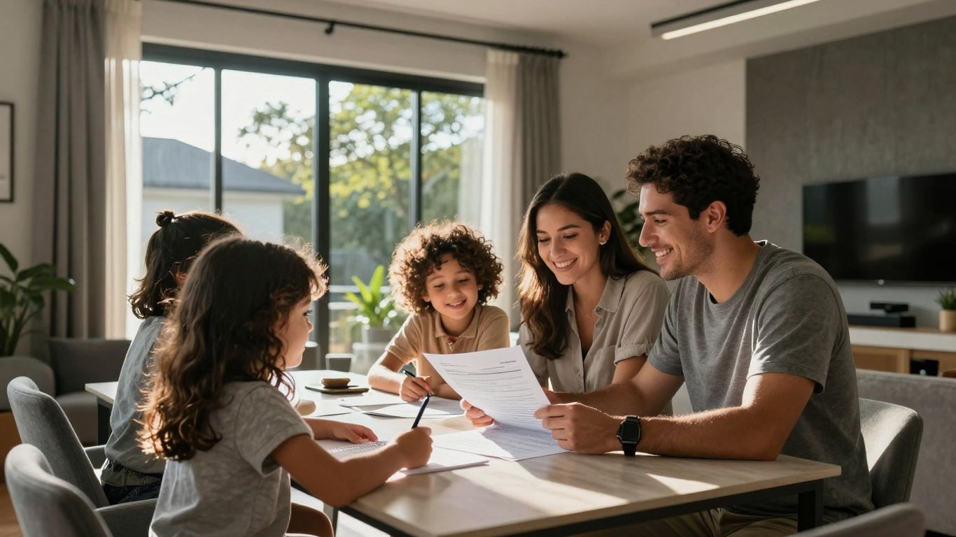 Family reviewing home loan documents in a bright home.