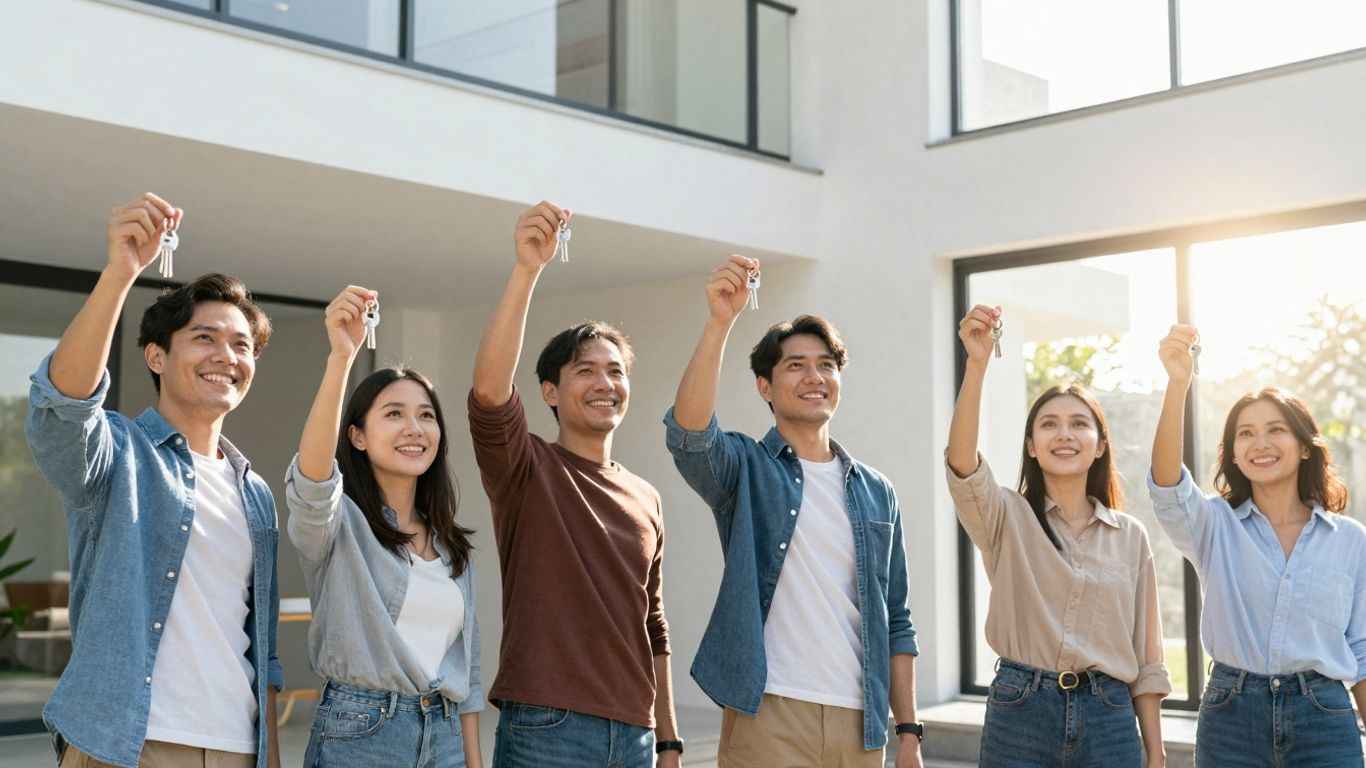 People holding keys in front of a bright, modern house.
