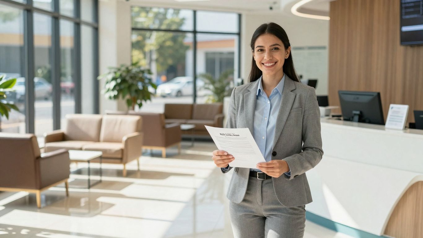 Loan officer at Third Federal smiling with a document.