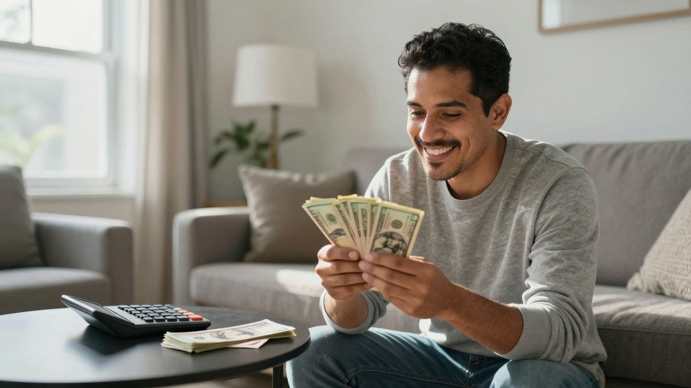 Homeowner with money, reflecting financial savings.