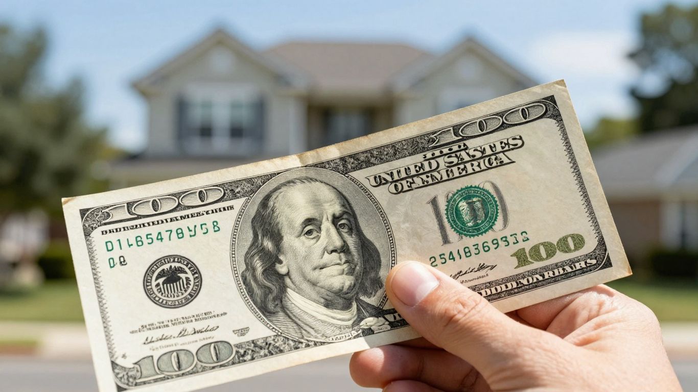 US dollar bill held near a house, symbolizing savings.
