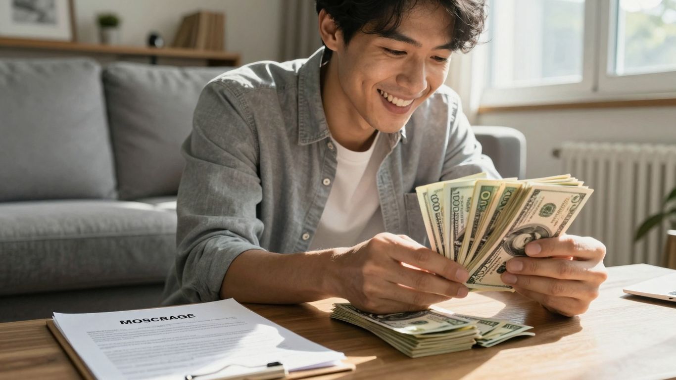 Homeowner with money and mortgage document.