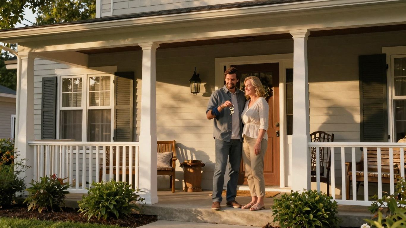Happy couple with keys outside a home.