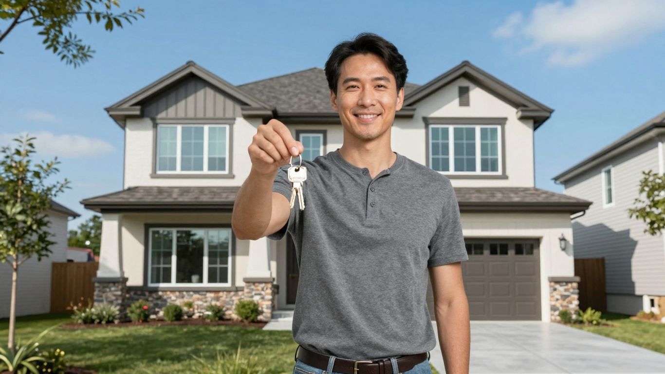 Homeowner in front of house with keys.