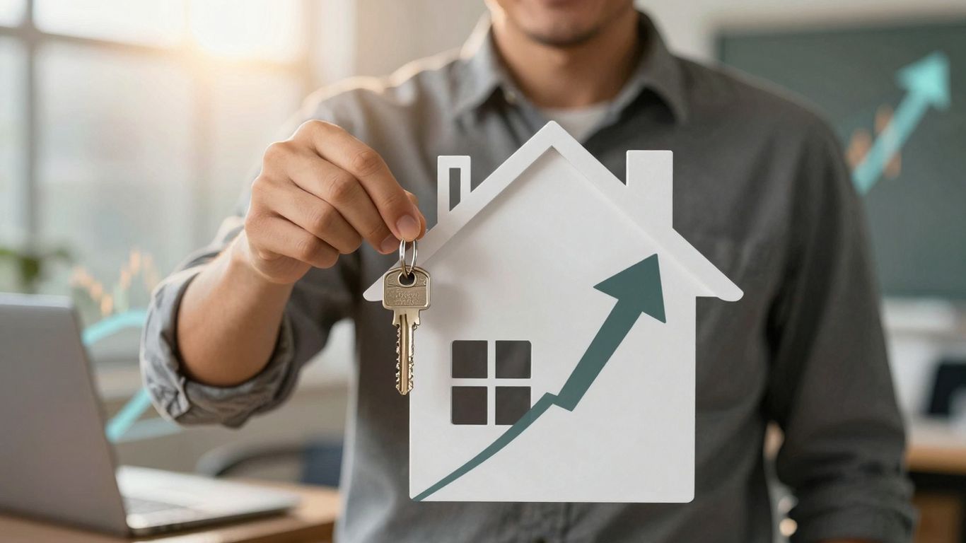 Homeowner with key, house, and growth symbols.