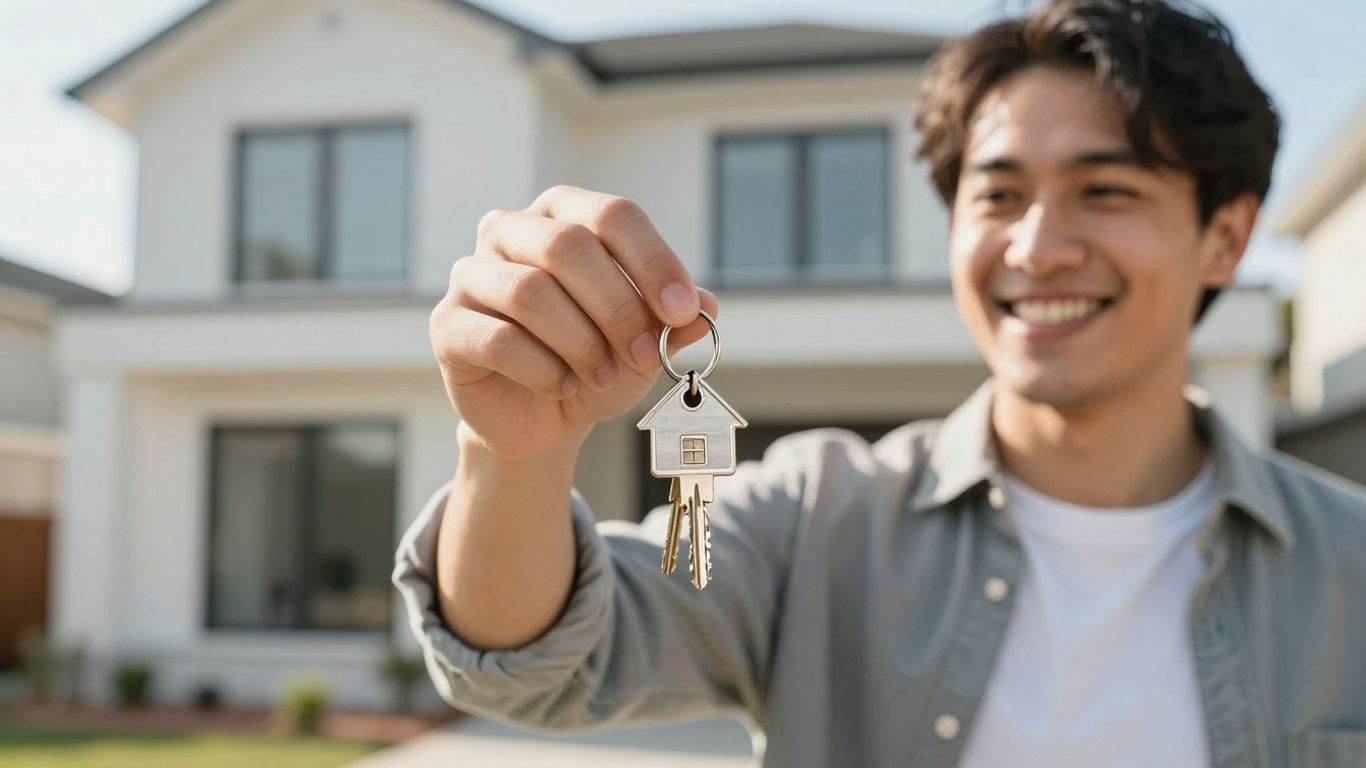 Person holding house key, symbolizing mortgage refinance savings.