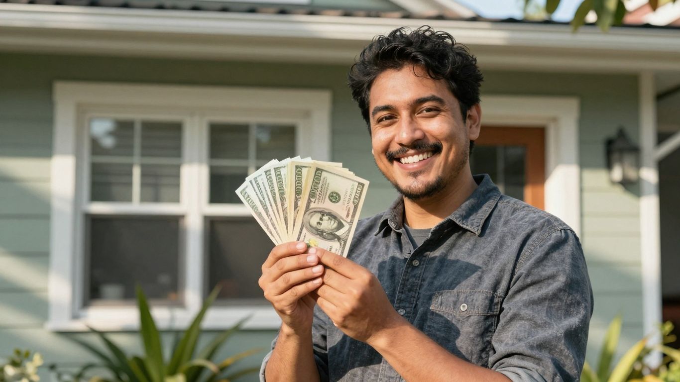 Homeowner with cash, happy about mortgage refinance savings.