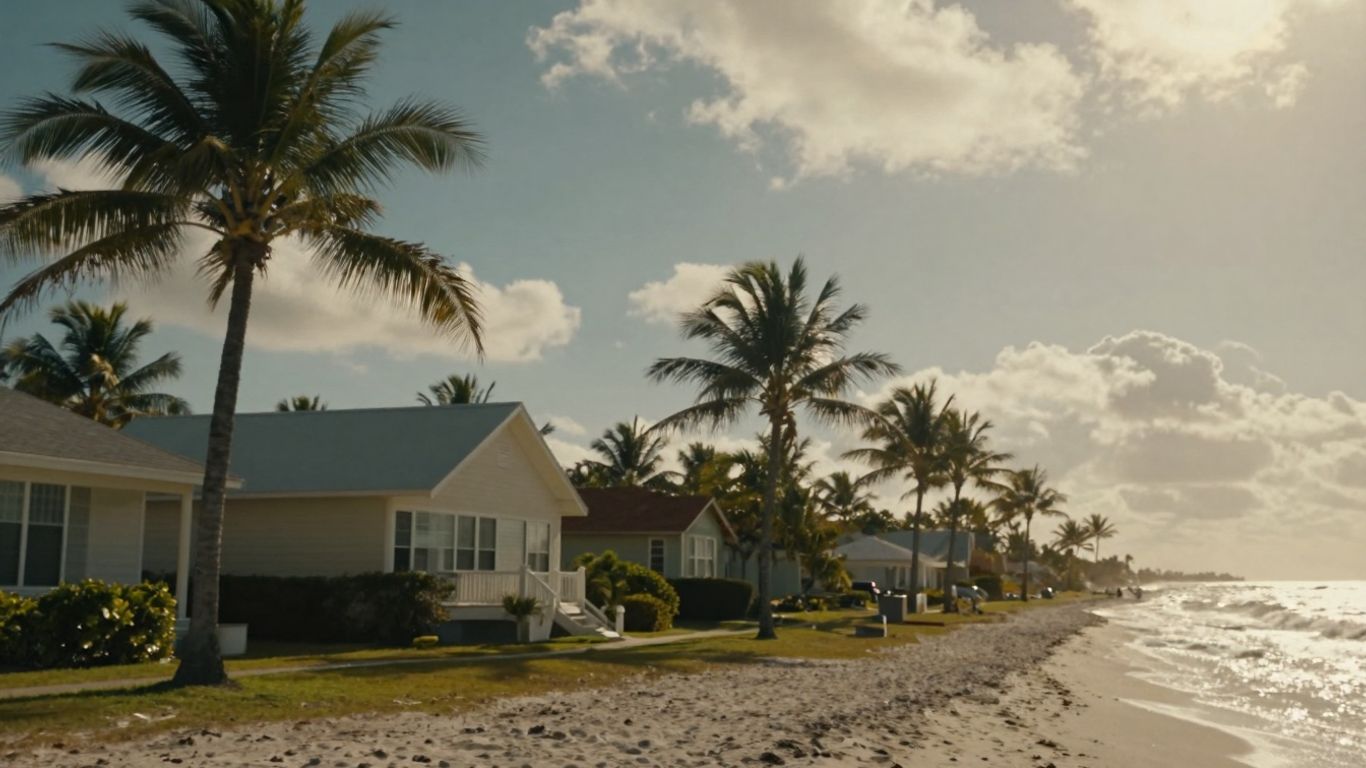 Florida coast with house and palm trees.