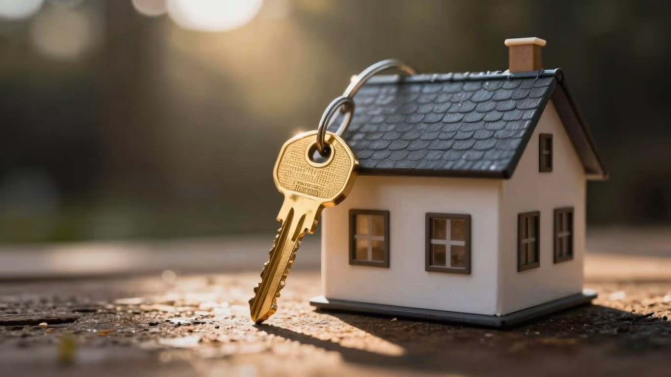 House with golden key, sunlight, financial opportunity