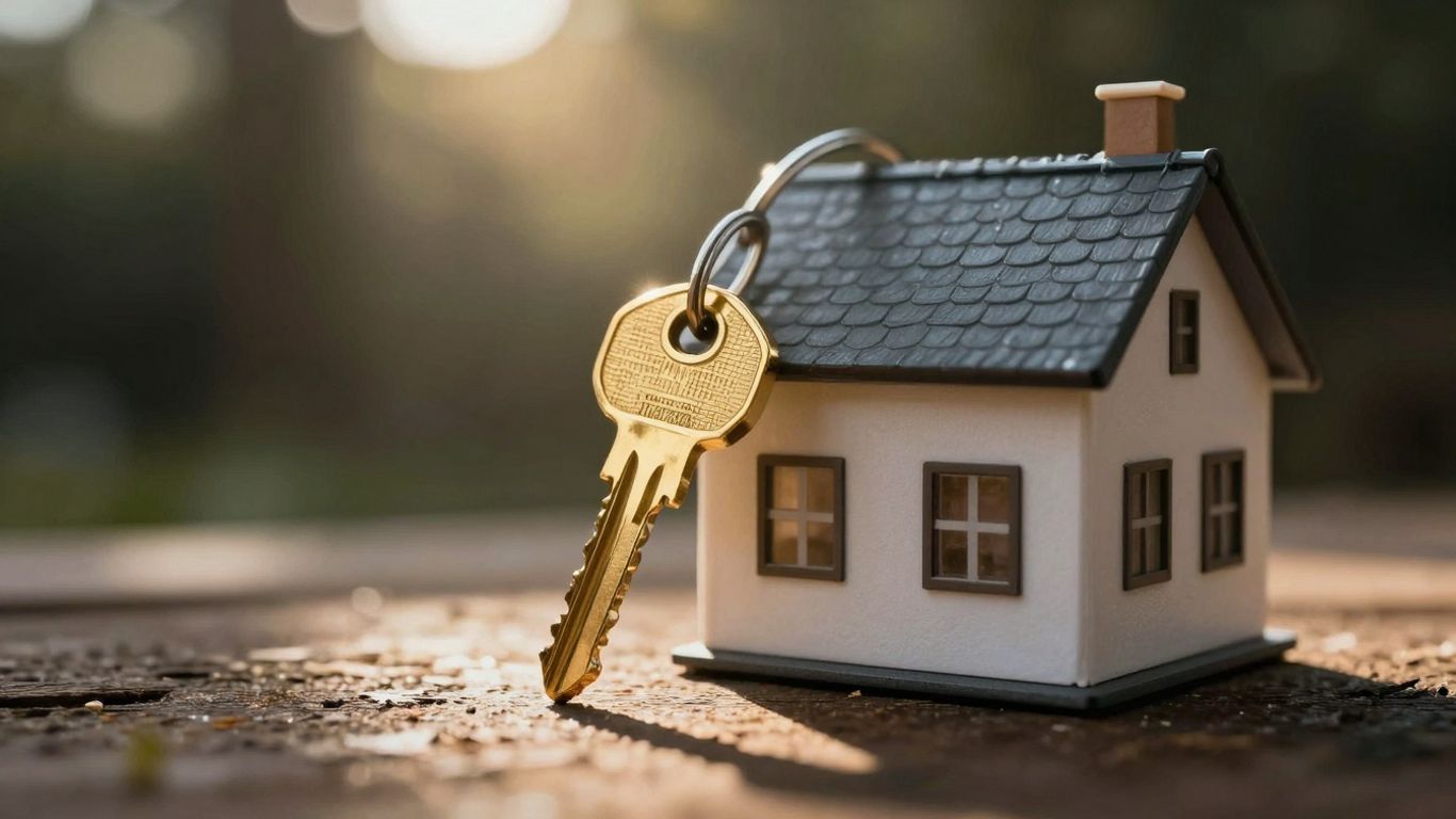 House with golden key, sunlight, financial opportunity