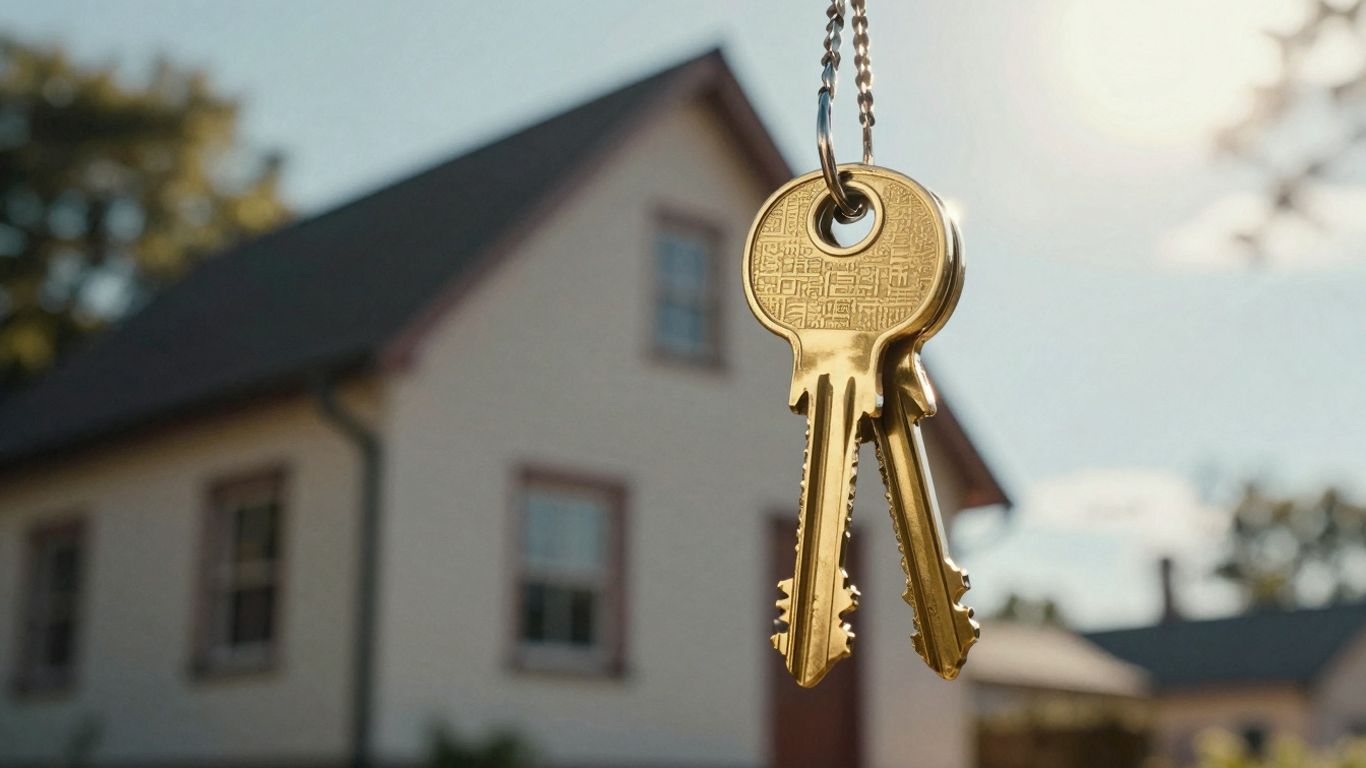 House with golden key, sunlight, upward trajectory.