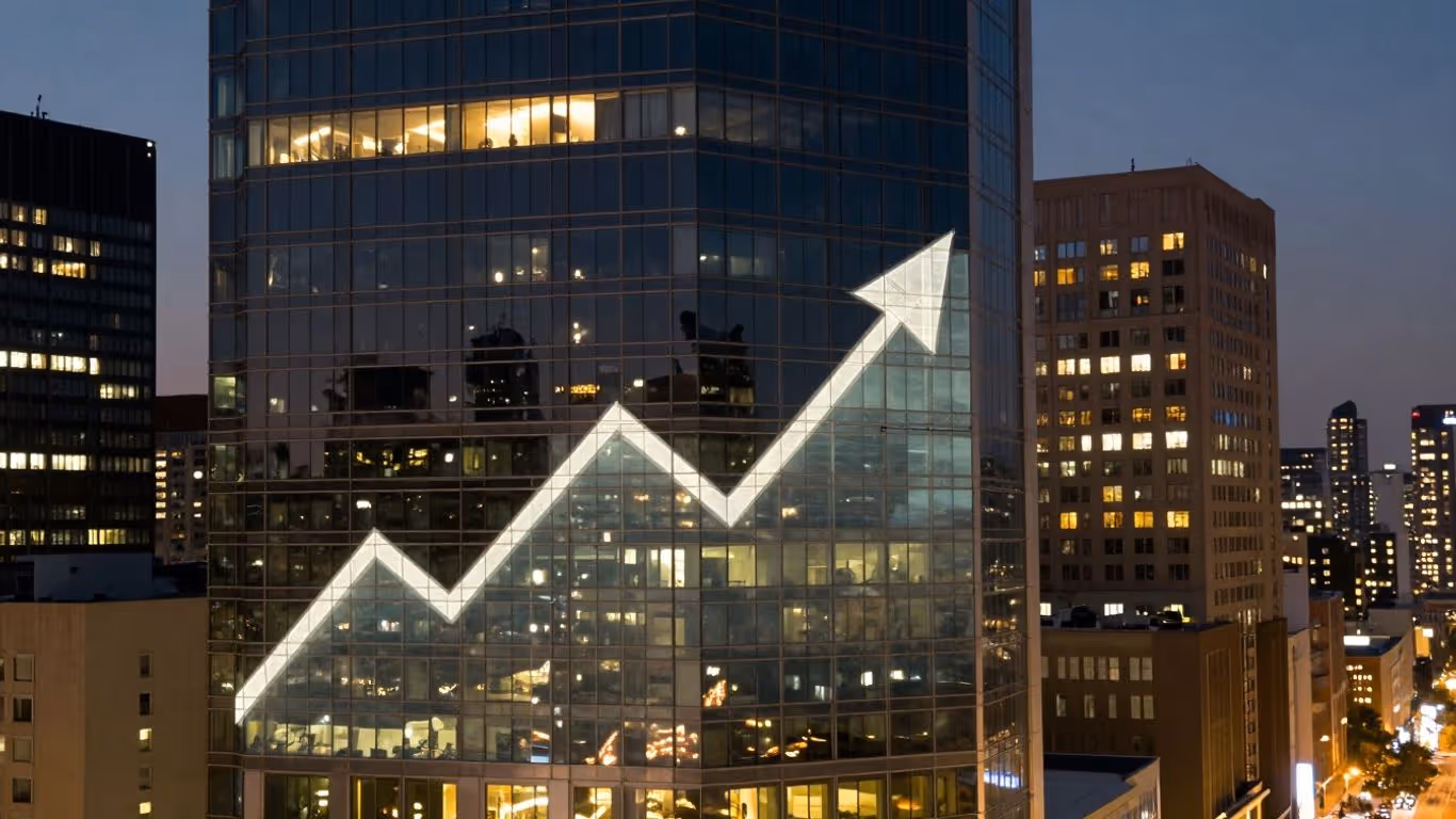 Cityscape with glowing skyscraper, financial growth motifs.