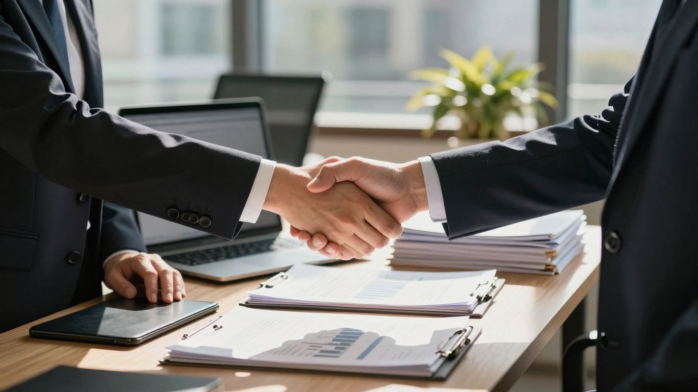 Handshake over documents in a modern office.