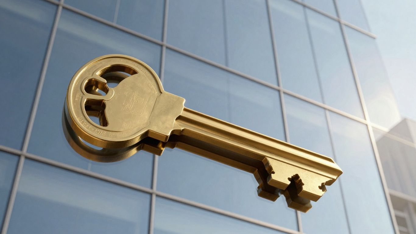 Office building with a golden key unlocking better terms.