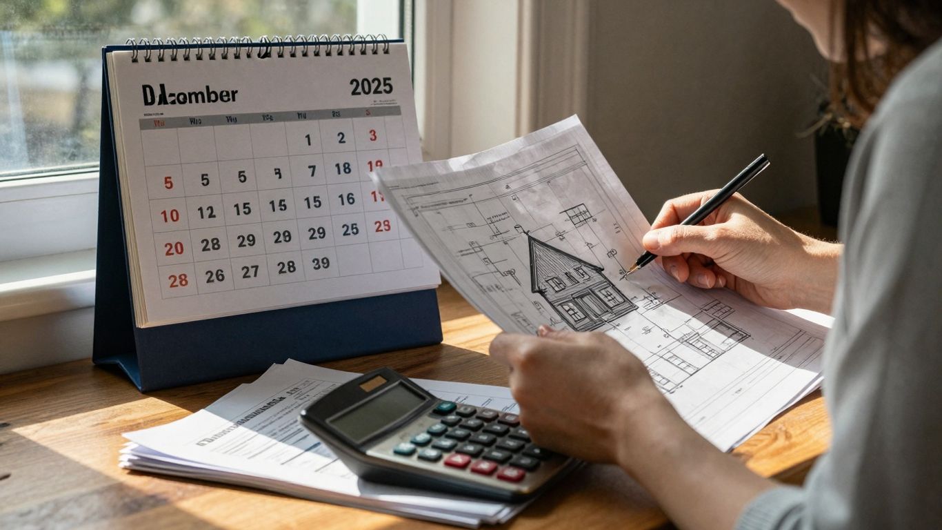 Homeowner reviewing house plans with December 2025 calendar.