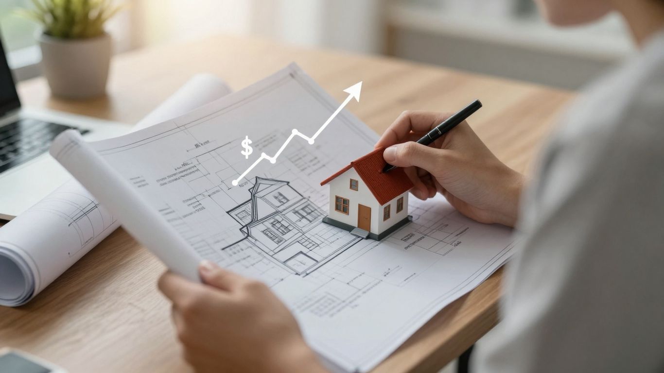 Homeowner reviewing house plans with interest rate visuals.