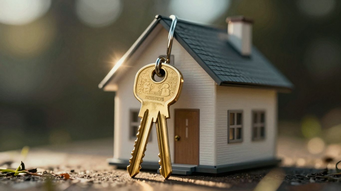 House with a golden key, sunlight, financial opportunity