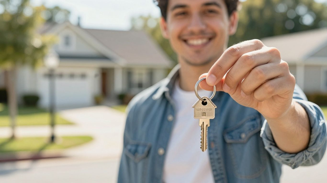 Person holding house key, sunny street background.