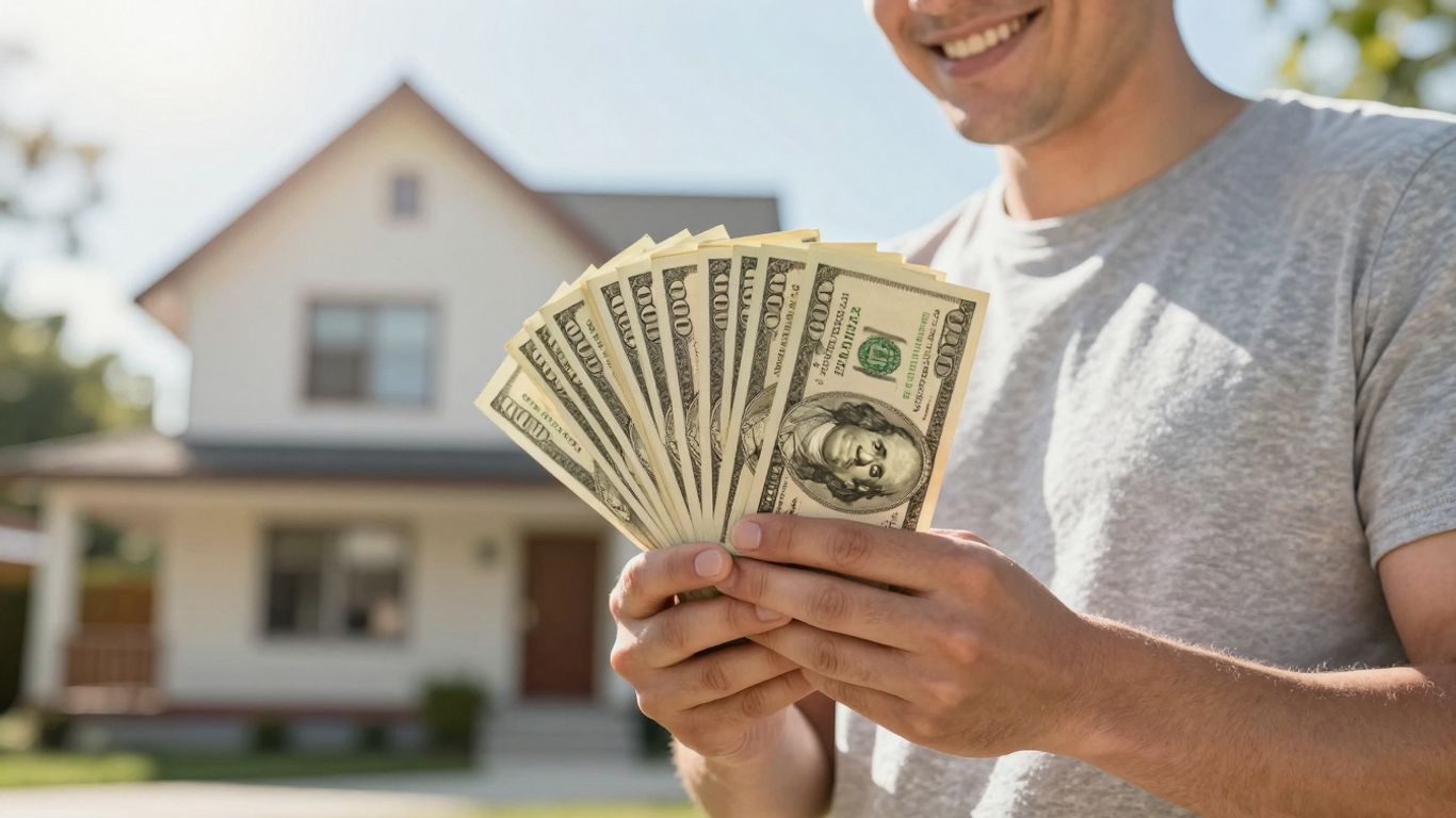 Homeowner with money, house, and sunlight.