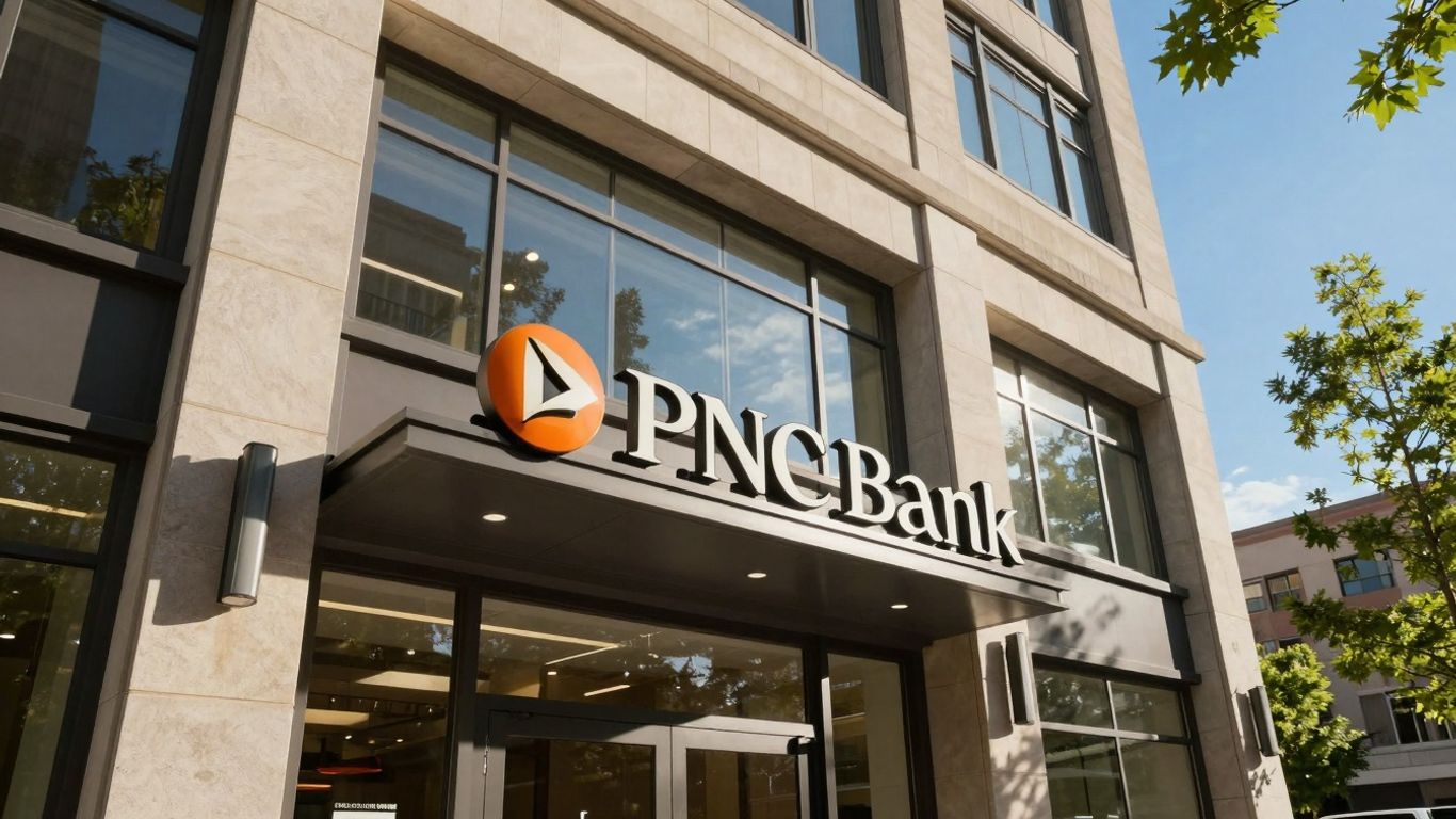 PNC Bank building exterior with trees and blue sky.