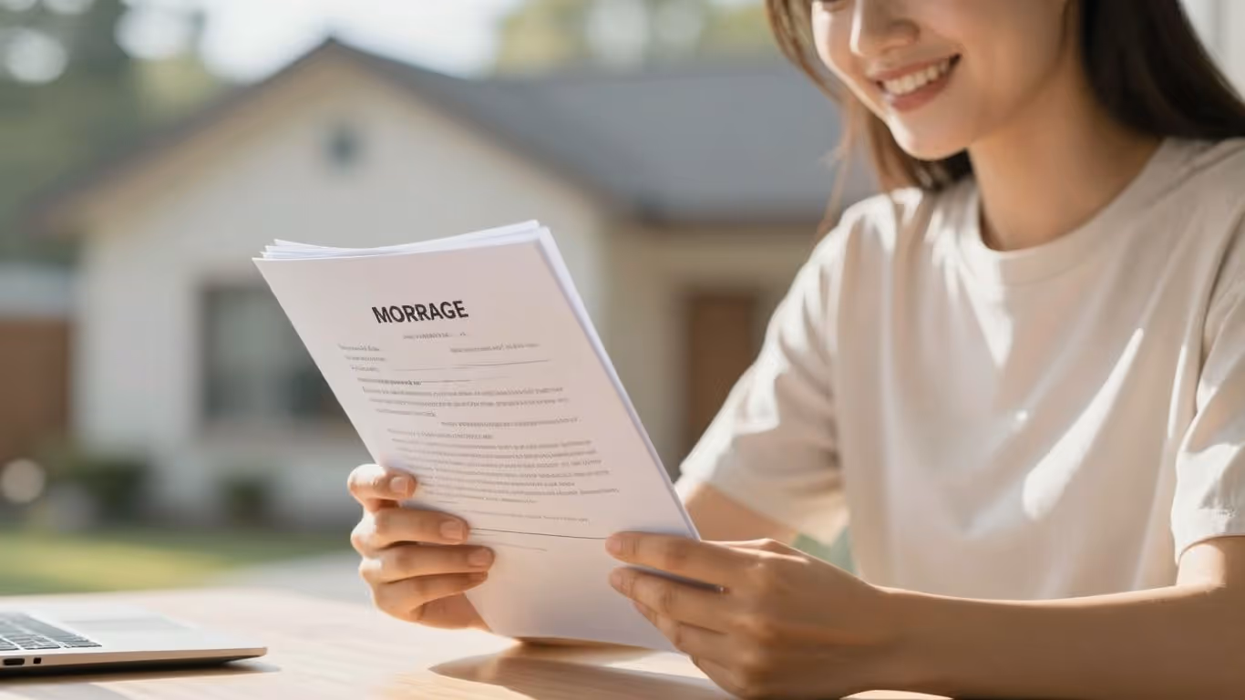 Homeowner reviewing mortgage papers with house in background.