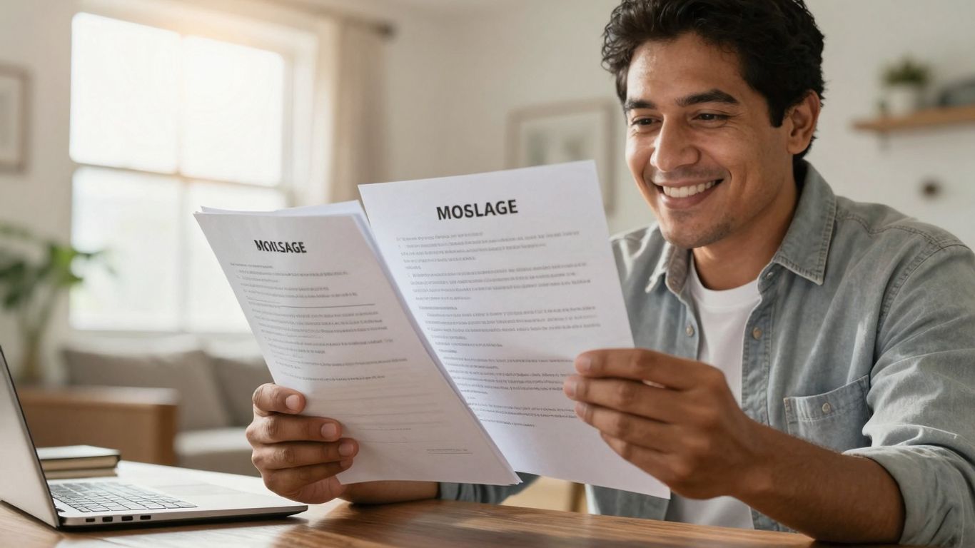 Homeowner reviewing mortgage papers with a bright home background.