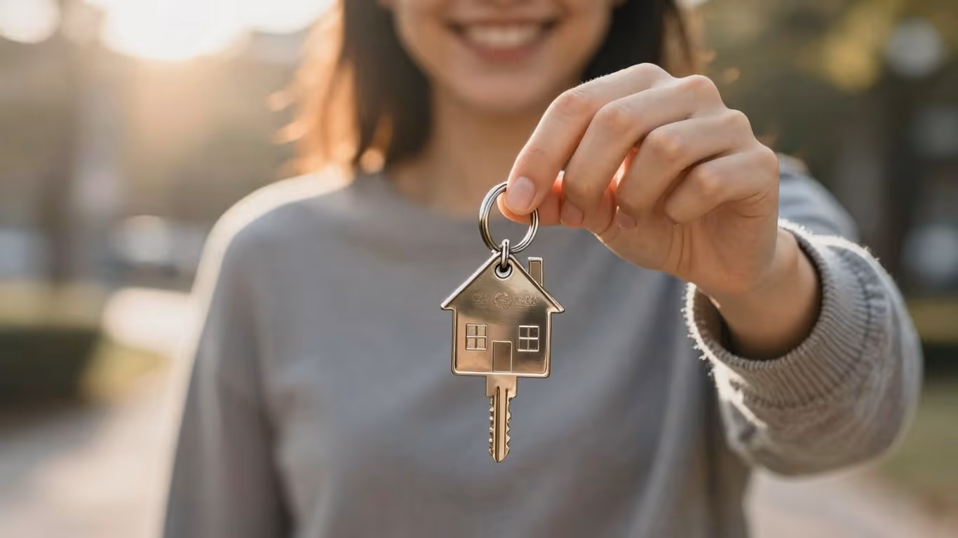 Person holding house key, financial growth background.